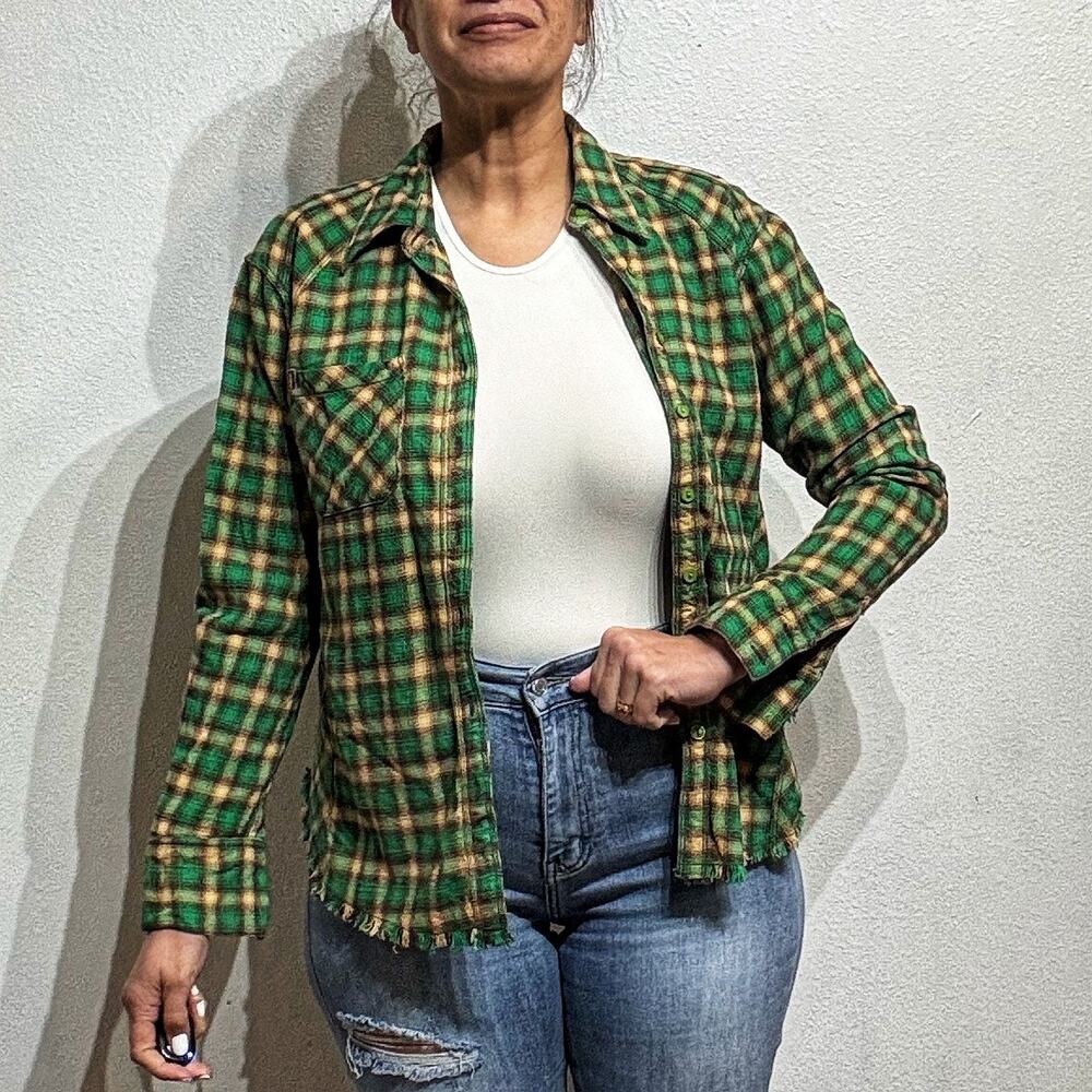 BDG Green Flannel Plaid Raw Hem Oversized Button Down Sz XS NWT